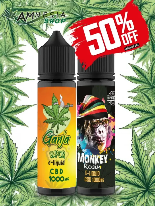 Promotion : 2 e-liquides cannabis CBD 1000 à moitié prix.